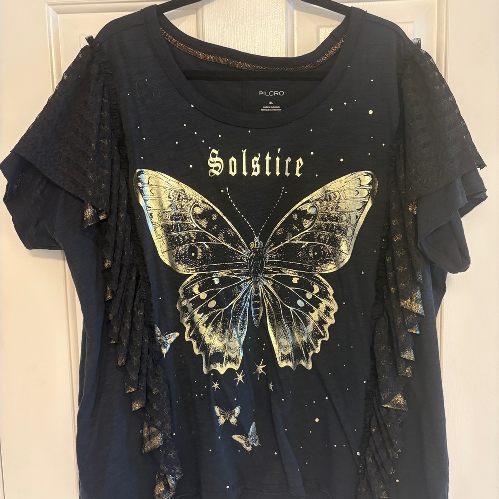 Pilcro Black Short-Sleeve Tee with Metallic Gold Butterfly
